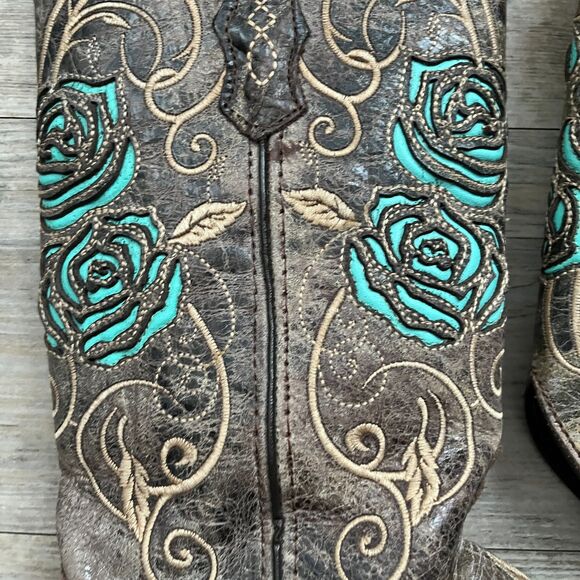 Soto Boots Women's Cowgirl Boot Turquoise Rose Inlayed Western Size 8 Brown Blue - Picture 3 of 11